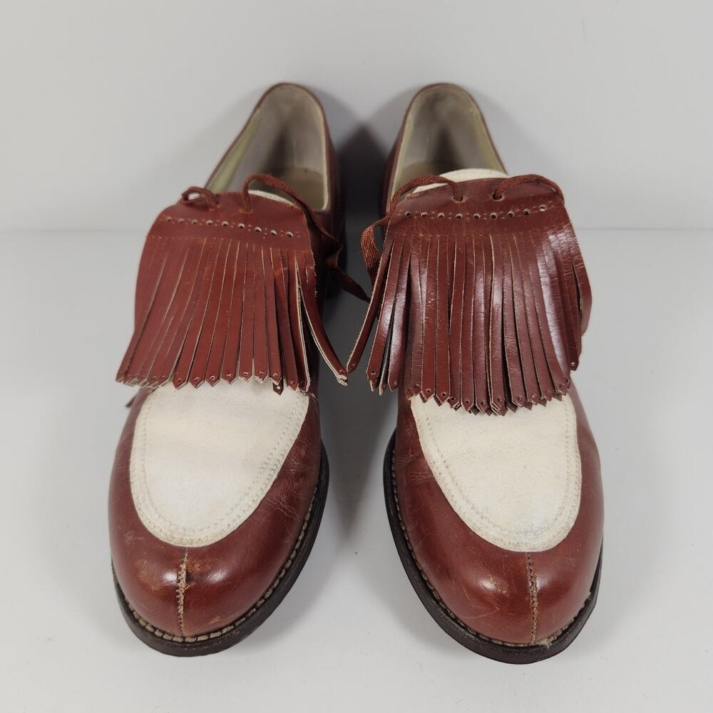 VTG Abercrombie & Fitch Leather Golf Shoes Womens 8 3A Brown White Fringe Kiltie
